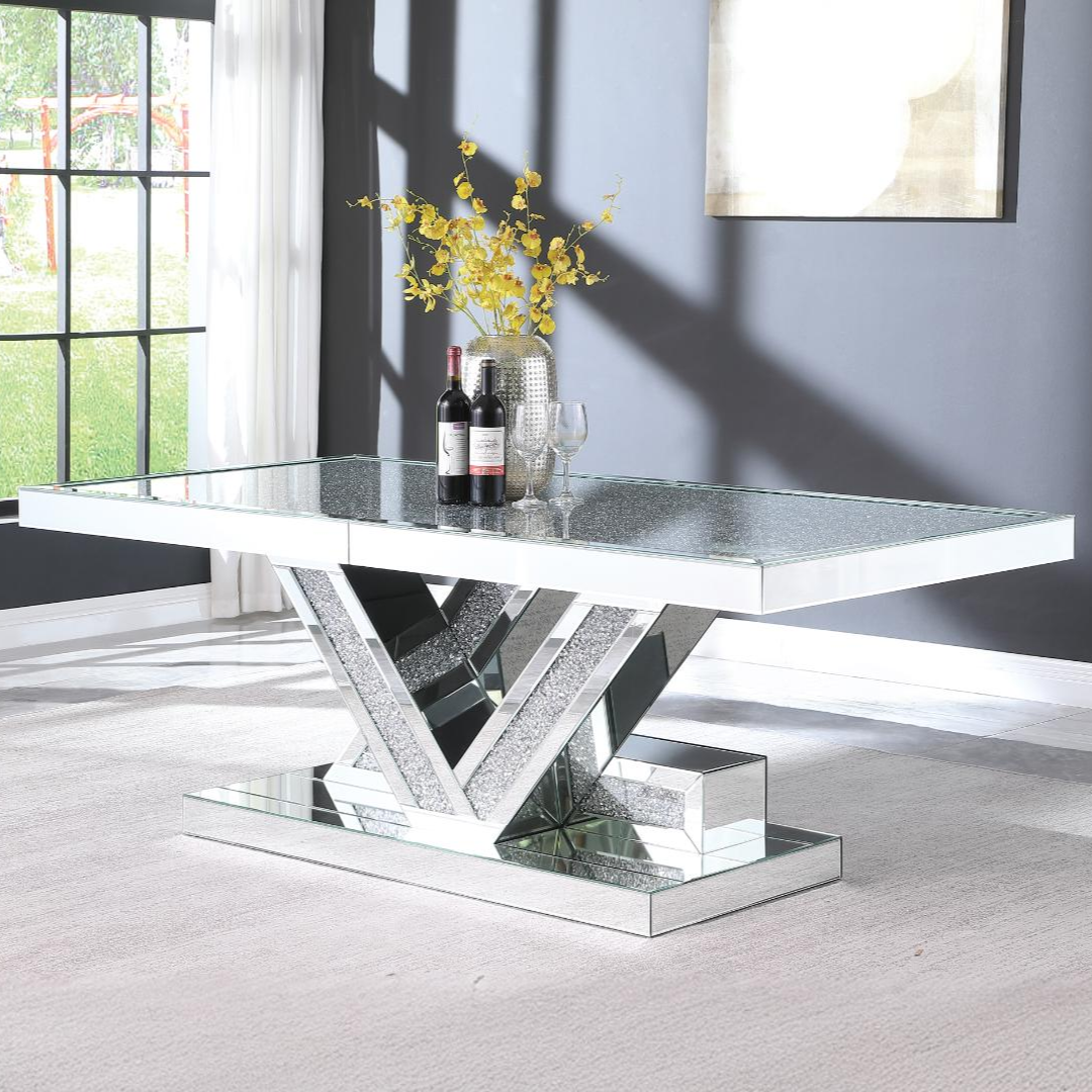 Veltrix – Table à manger – Verre et cristaux / Pied chromé