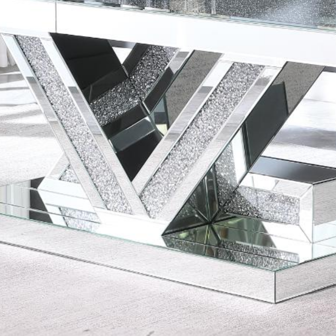 Veltrix – Table à manger – Verre et cristaux / Pied chromé