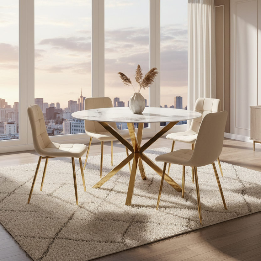 Tavola – Round Dining Set – Ceramic Top / Beige Velvet