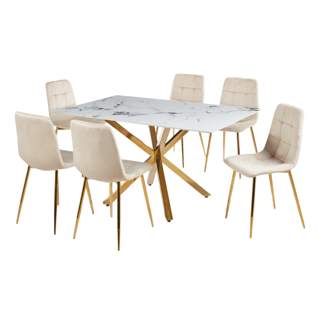 Tavola – Ensemble de salle à manger rectangulaire – Plateau en céramique / Velours beige