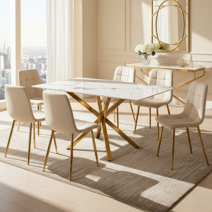 Tavola – Ensemble de salle à manger rectangulaire – Plateau en céramique / Velours beige