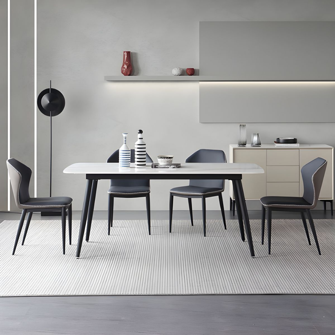 Burlo – Ensemble de salle à manger – Pierre frittée blanche / Similicuir gris