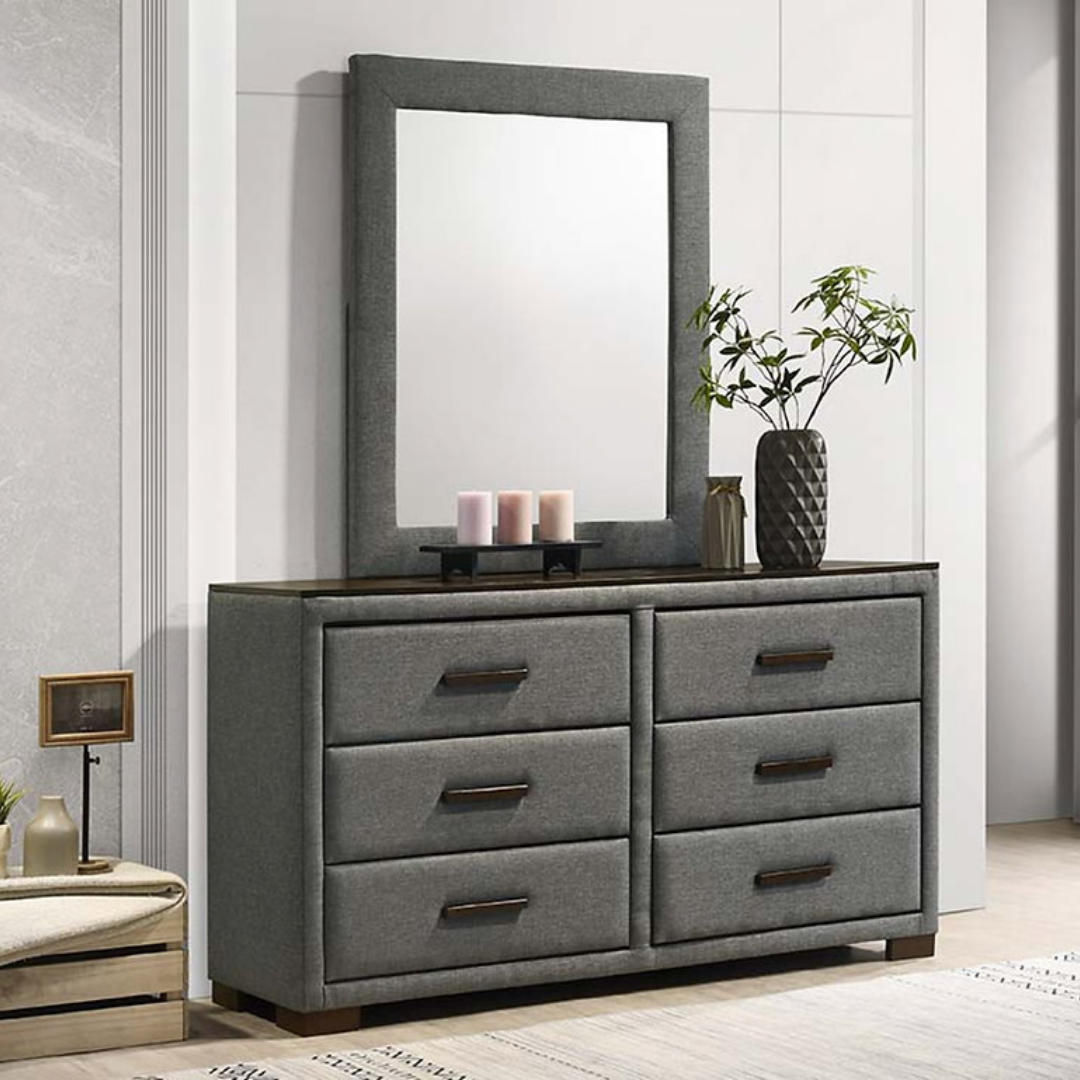 Commode Havenridge à 6 tiroirs avec miroir – Tissu gris foncé