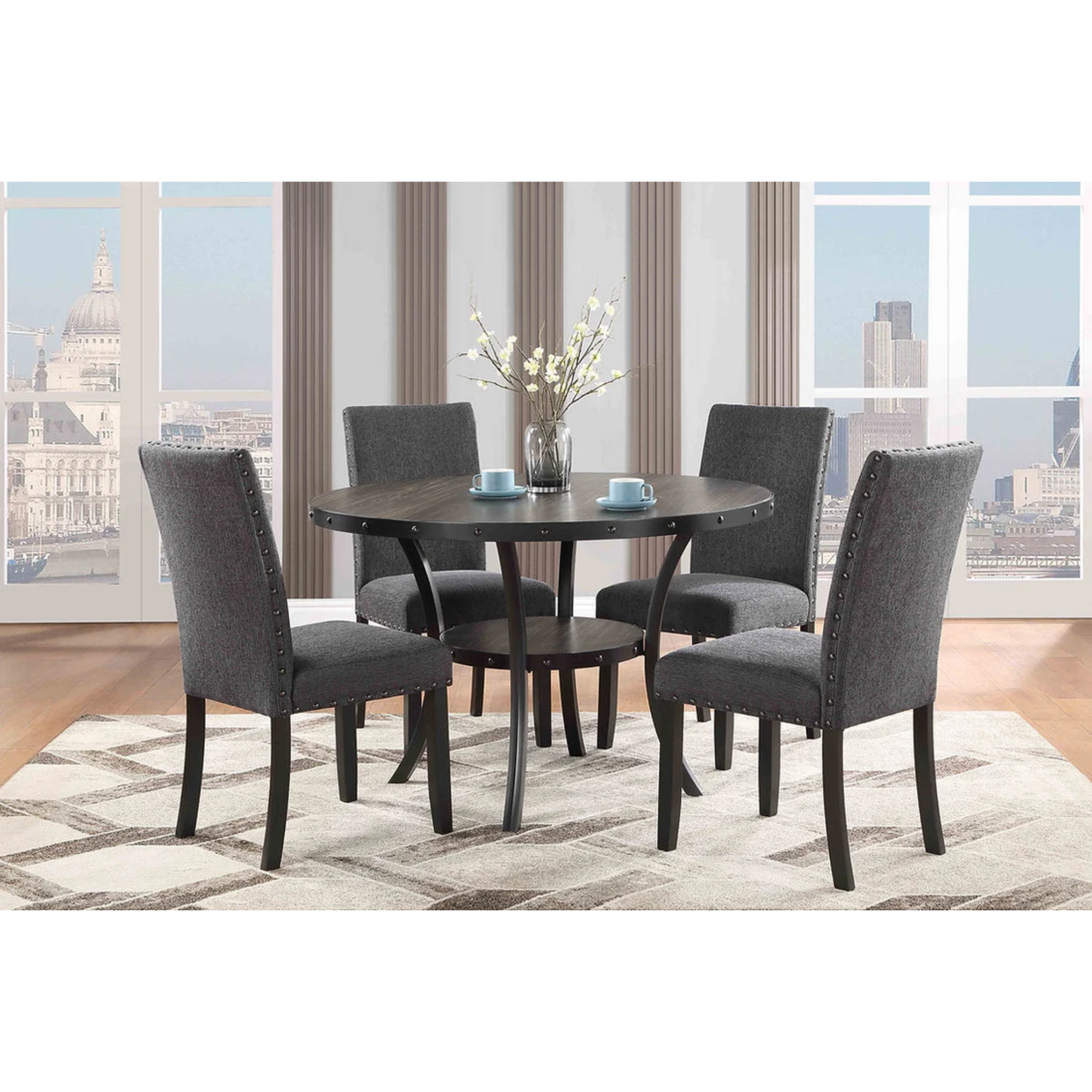 Espresso Rustic Dining Table Set with Grey Upholstered Parson Chairs 1610