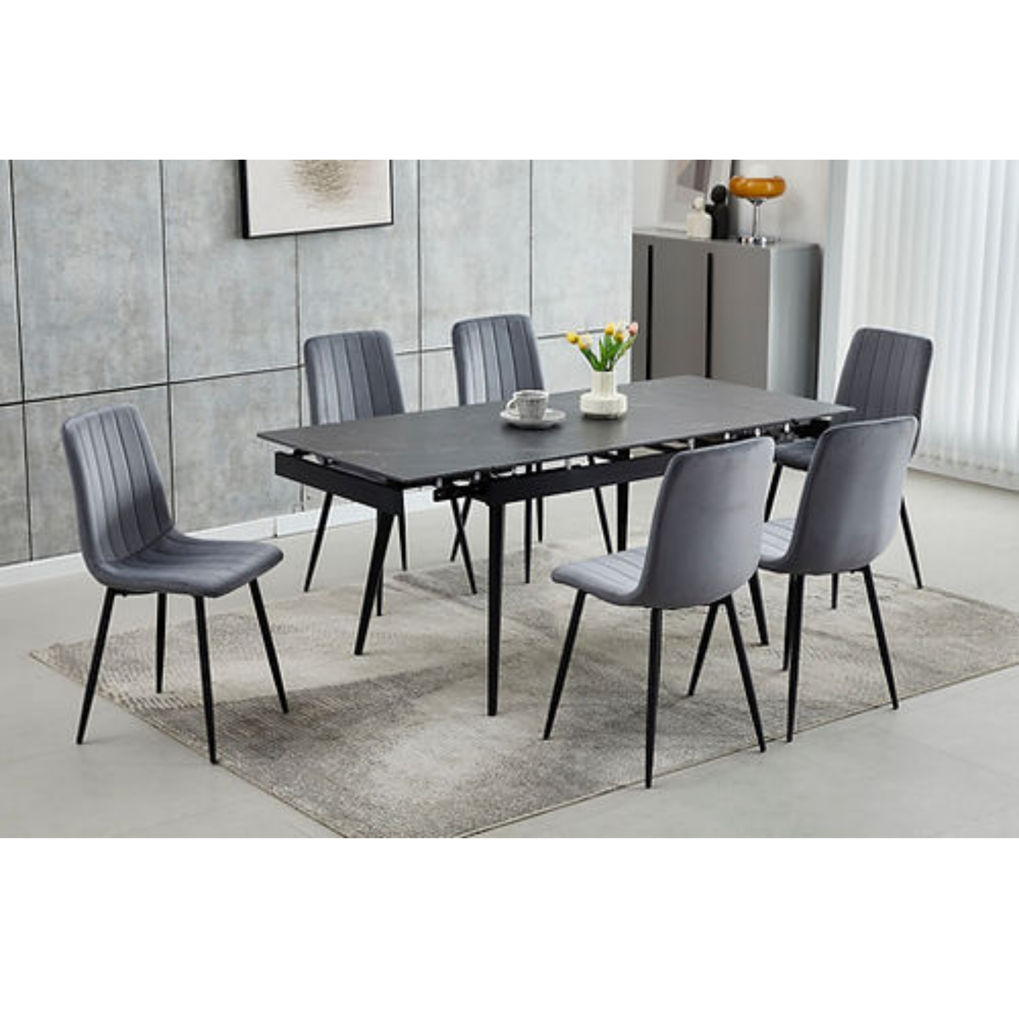 Extension Sintered Stone Black Marble Top Table with Velvet Chairs - T-1472/C-1474
