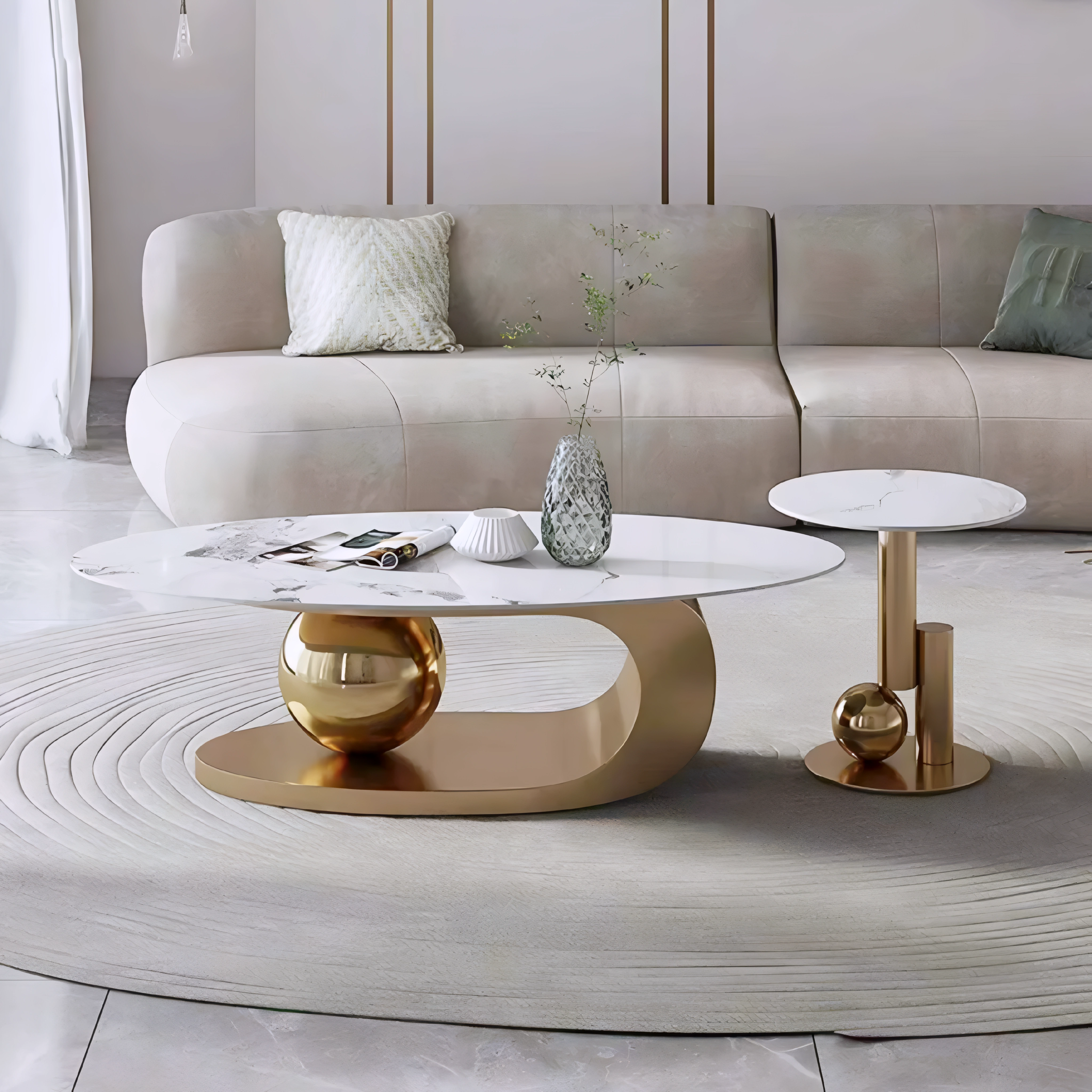 Fioren – Table basse et table d'appoint en céramique – Pied doré