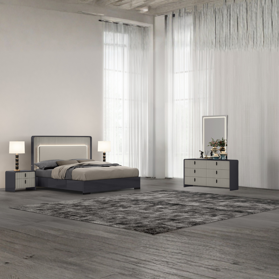 Ensemble chambre king Grayson graphite 6 pièces avec LED ambiant, bois ingénierie, Montréal