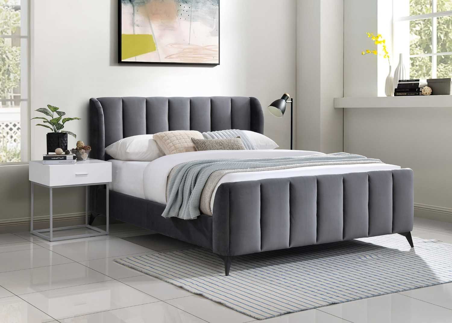 Queen Bed - Grey Velvet Queen Bed 5120