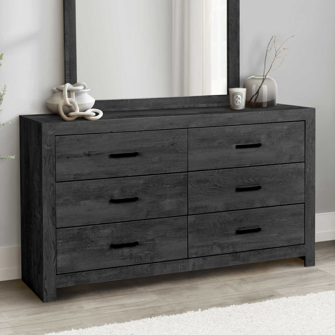 Commode Noxara à 6 tiroirs avec miroir – Chêne gris graphite