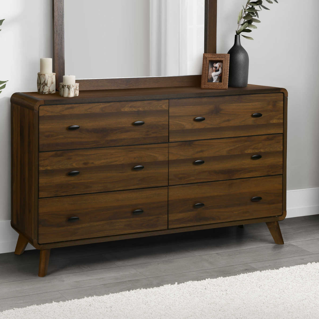 Nolara – Commode à 6 tiroirs avec miroir – Finition noyer