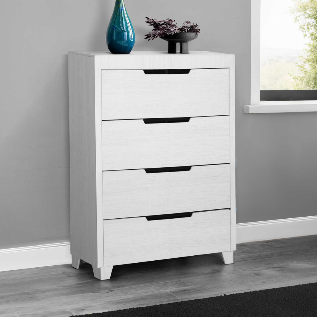 Commode Snowline à 4 tiroirs – Finition bois blanc