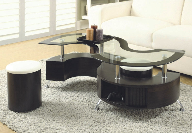 Table basse en verre expresso avec 2 tabourets #2050