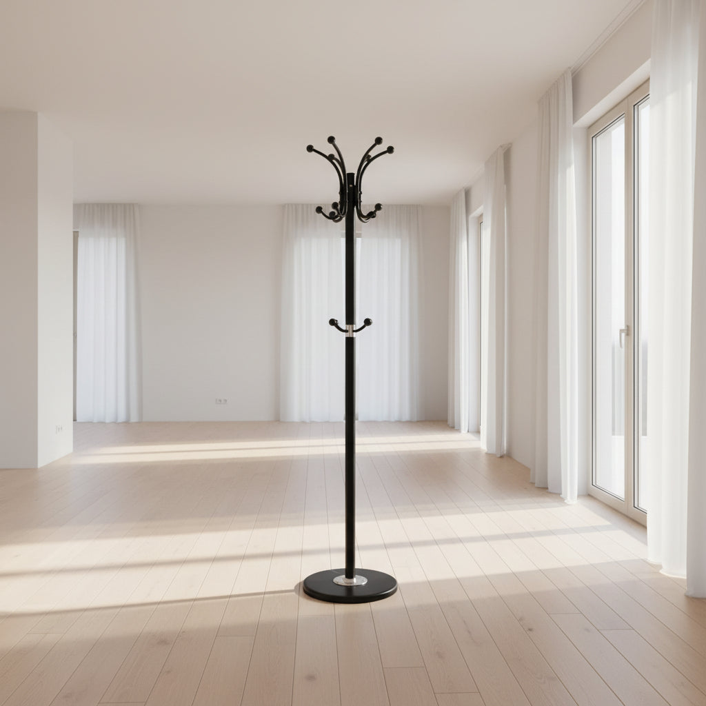 Porte-manteau sur pied base en marbre finition espresso 68 po crochets métal – Bonito Montréal