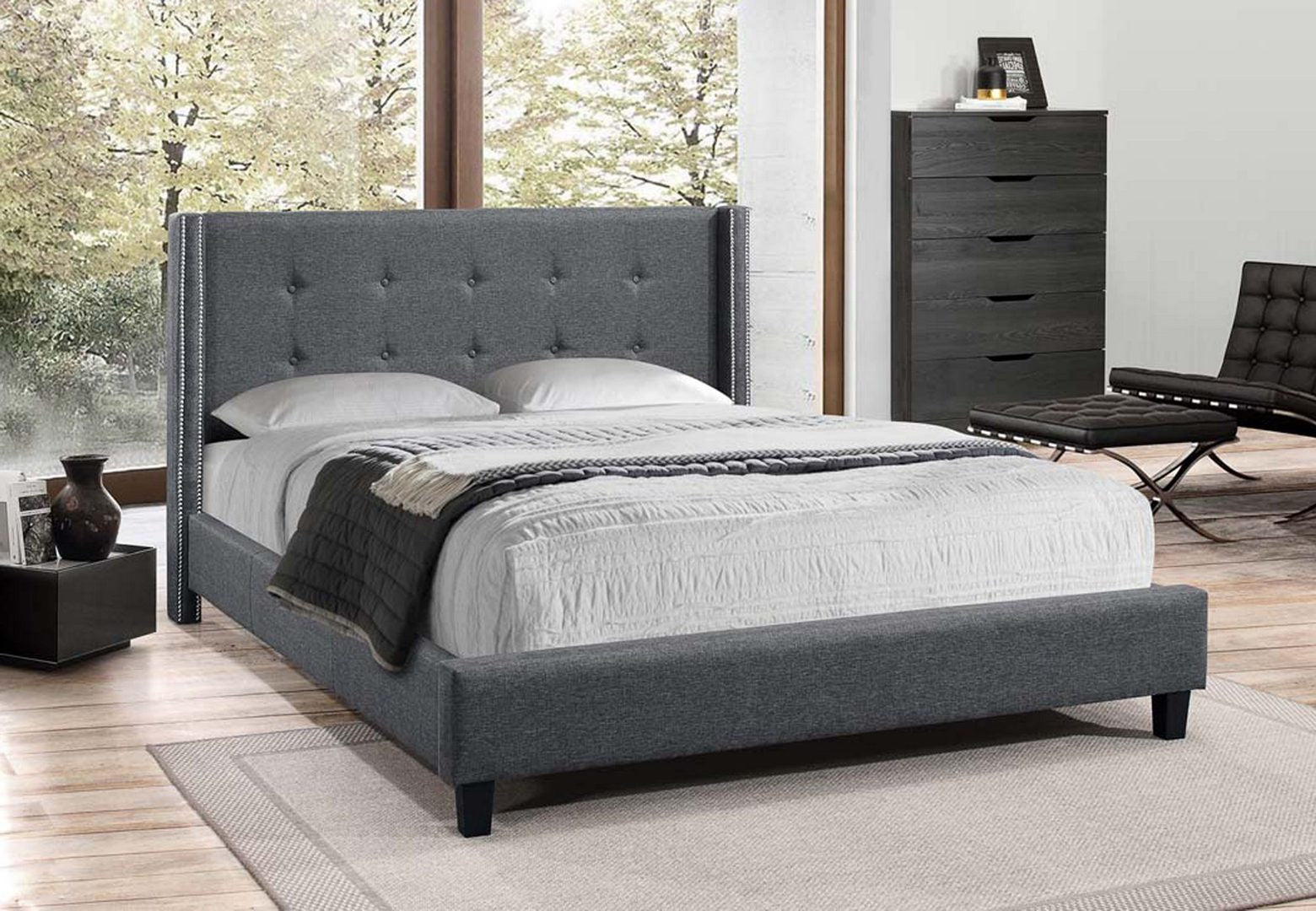 Dark Grey Fabric Bed With Nailhead 5435