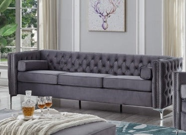 Velvet Fabric Sofa Set with Depp Tufting in Grey 8006