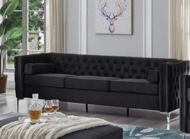 Ensemble de canapé en tissu velours noir avec capitonnage profond 8007