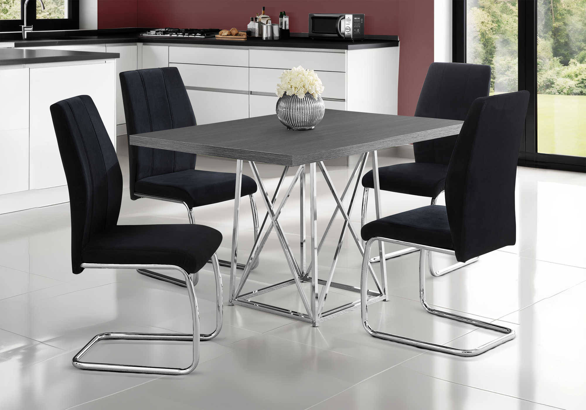 TABLE À MANGER - 36"X 48" / GRIS / MÉTAL CHROME I 1059 CHAISE - 2PCS / 39"H / VELOUR NOIR / CHROME