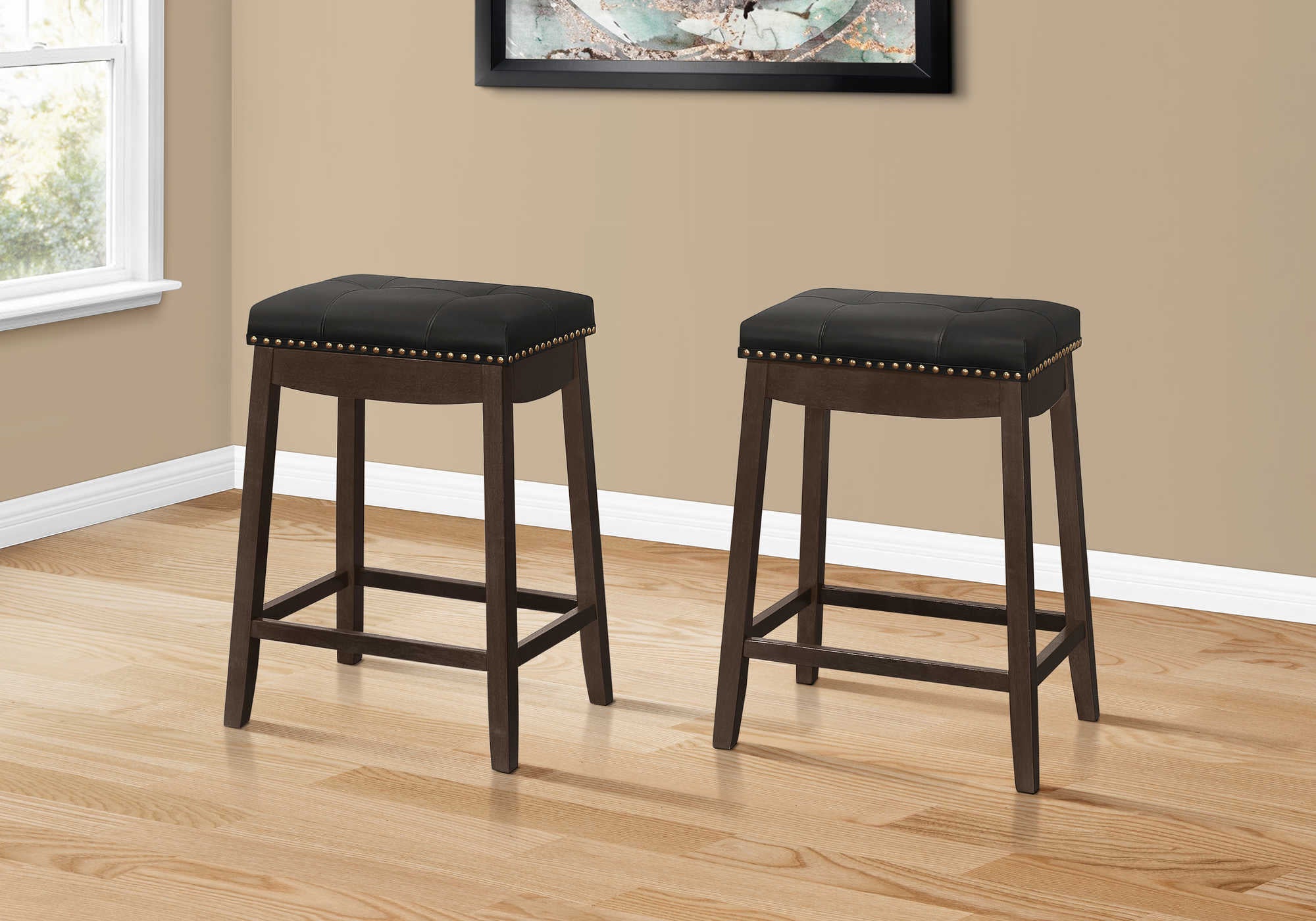 TABOURET DE BAR - 2PCS / 24"H / SIMILI-CUIR NOIR / ESPRESSO # I 1261