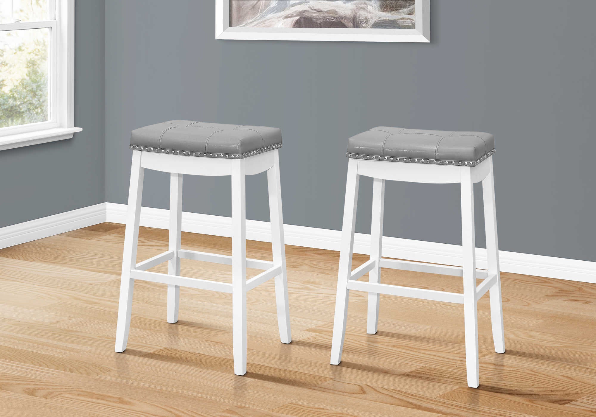 TABOURET DE BAR - 2PCS / 29"H / SIMILI-CUIR GRIS / BLANC # I 1262