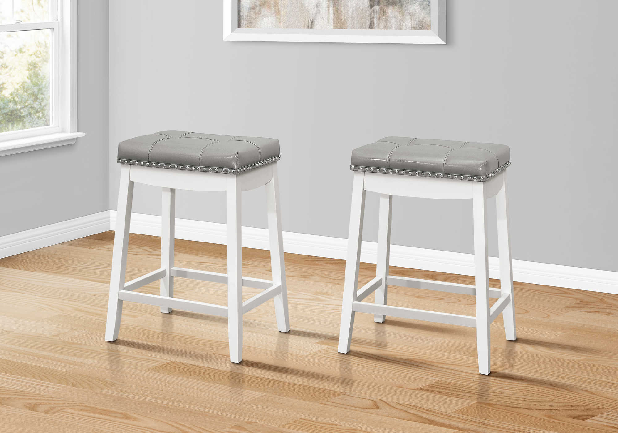 TABOURET DE BAR - 2PCS / 24"H / SIMILI-CUIR GRIS / BLANC # I 1263