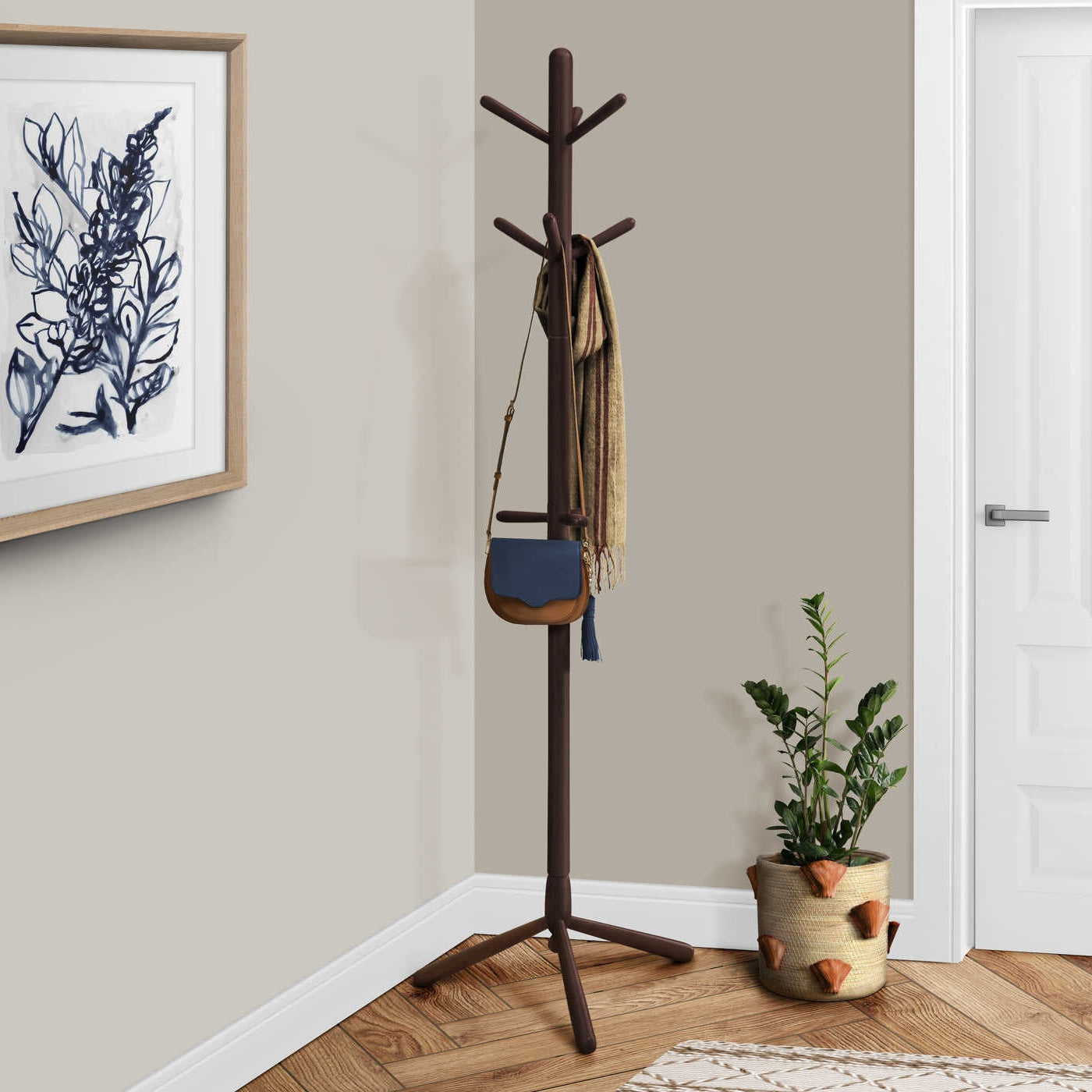 Porte-manteau sur pied I 2004 bois massif espresso 69 po 9 crochets style contemporain Montréal