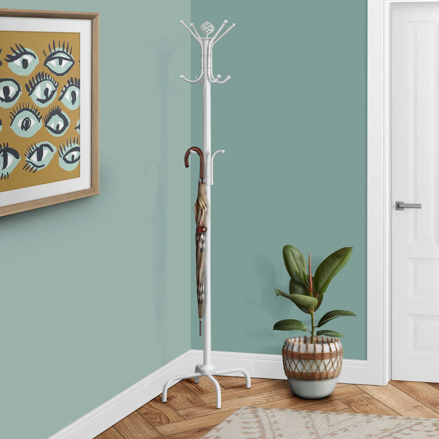 Porte-manteau sur pied blanc métal I 2006, 70 po, 12 crochets double niveau, entrée moderne Montréal