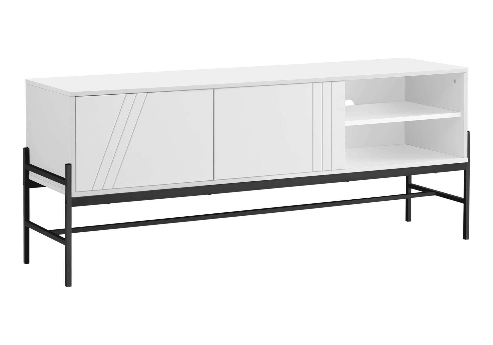 TV STAND - 60"L / WHITE / BLACK METAL WITH STORAGE # I 2738