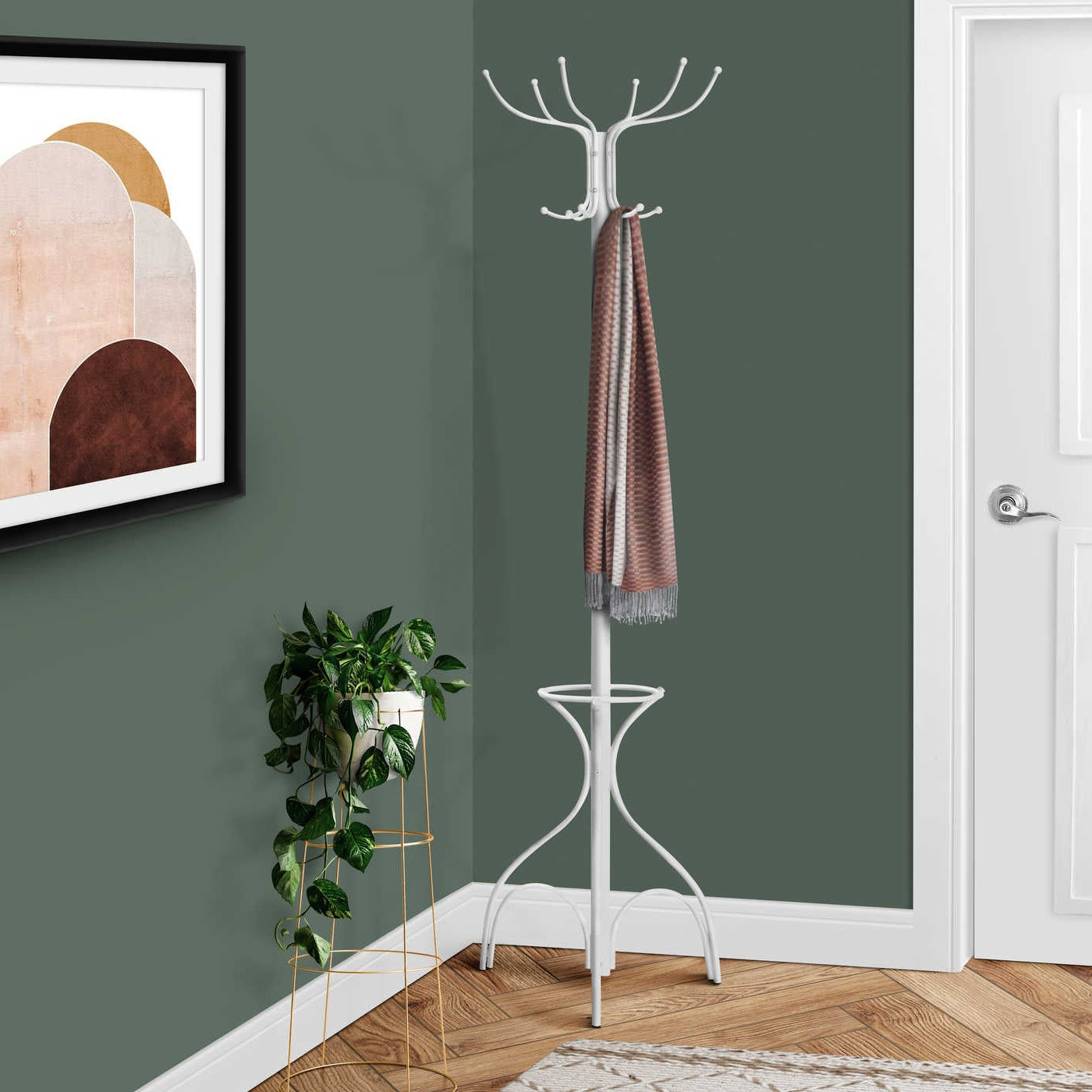 Porte-manteau sur pied blanc I 2030, 70 po, 12 crochets et porte-parapluie intégré, métal blanc, Montréal