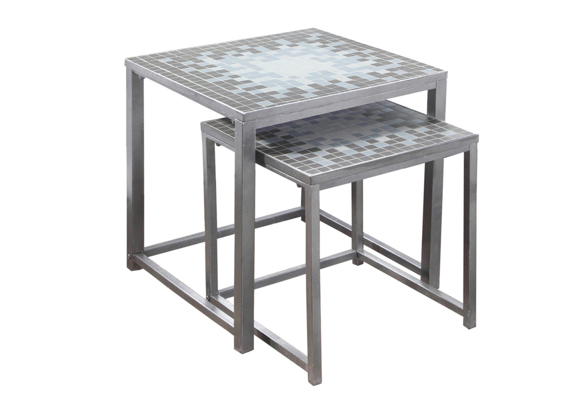 TABLE GIGOGNE - ENSEMBLE DE 2 PIÈCES / PLATEAU EN CARREAUX GRIS / BLEU / ARGENT # I 3141