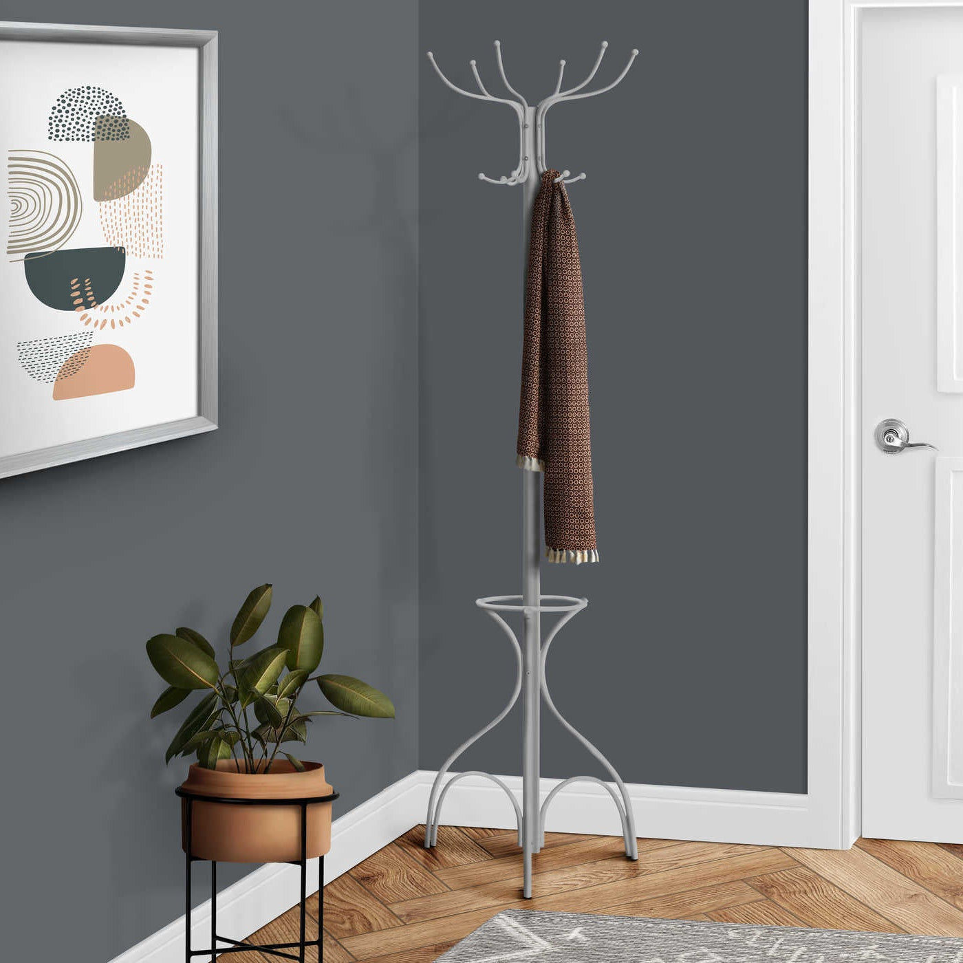 Porte-manteau sur pied I 2032 métal argent 70 po avec 12 crochets et porte-parapluie intégré, Montréal