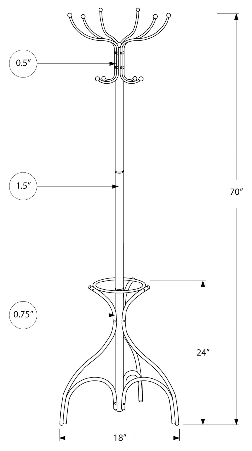 PORTE-MANTEAU - 70"H / MÉTAL ARGENT AVEC PORTE-PARAPLUIE # I 2032