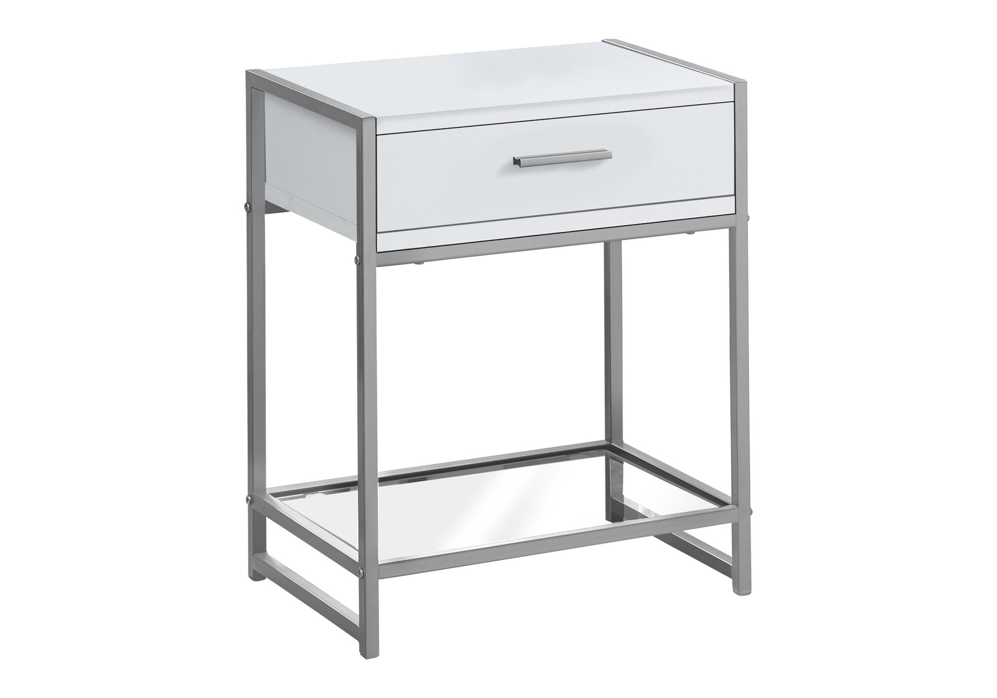 NIGHTSTAND - 22"H / WHITE/ SILVER METAL/ TEMPERED GLASS #I 3503