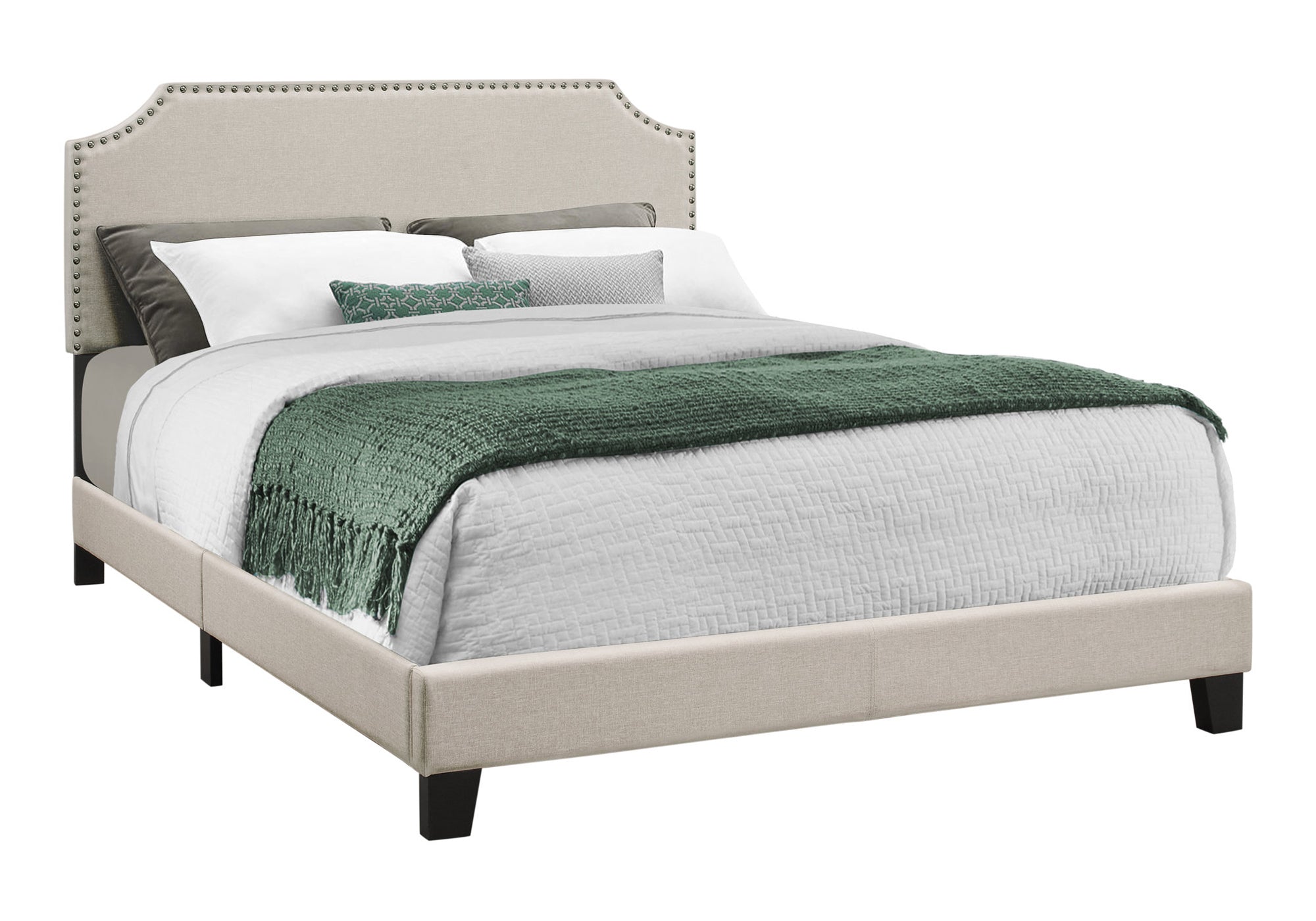 BED - QUEEN SIZE / BEIGE LINEN WITH ANTIQUE BRASS TRIM # I 5926Q