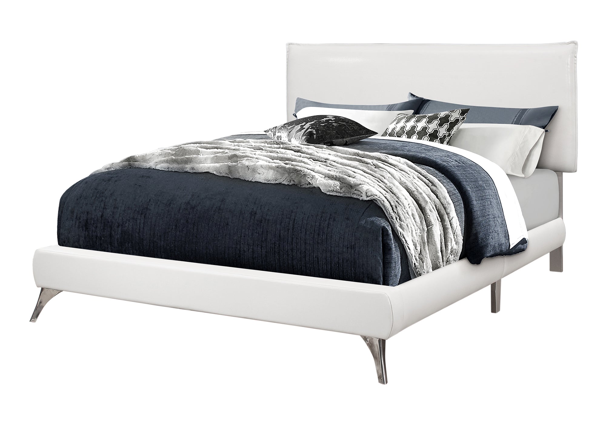 BED - QUEEN SIZE / WHITE LEATHER-LOOK WITH CHROME LEGS # I 5953Q