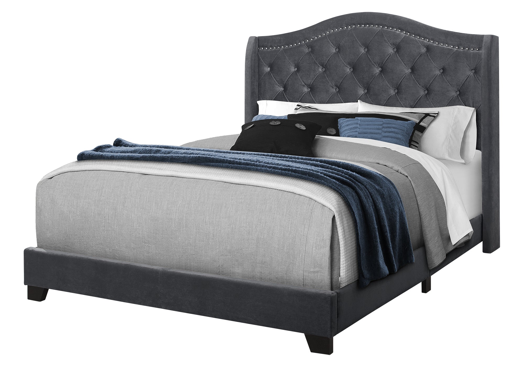 BED - QUEEN SIZE / DARK GREY VELVET WITH CHROME TRIM # I 5968Q