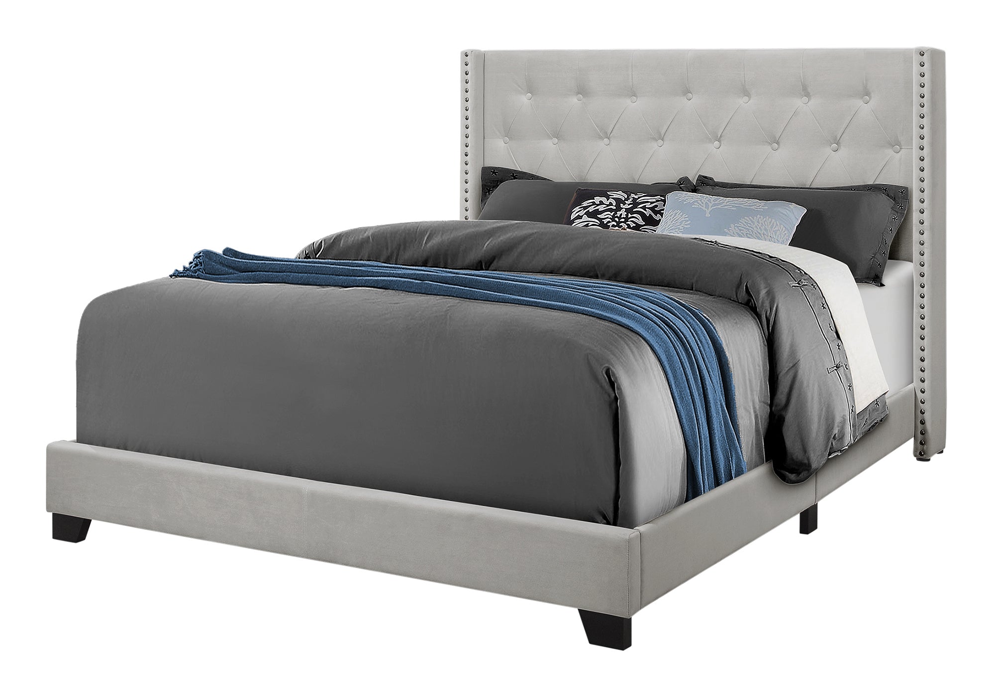 BED - QUEEN SIZE / LIGHT GREY VELVET WITH CHROME TRIM # I 5985Q