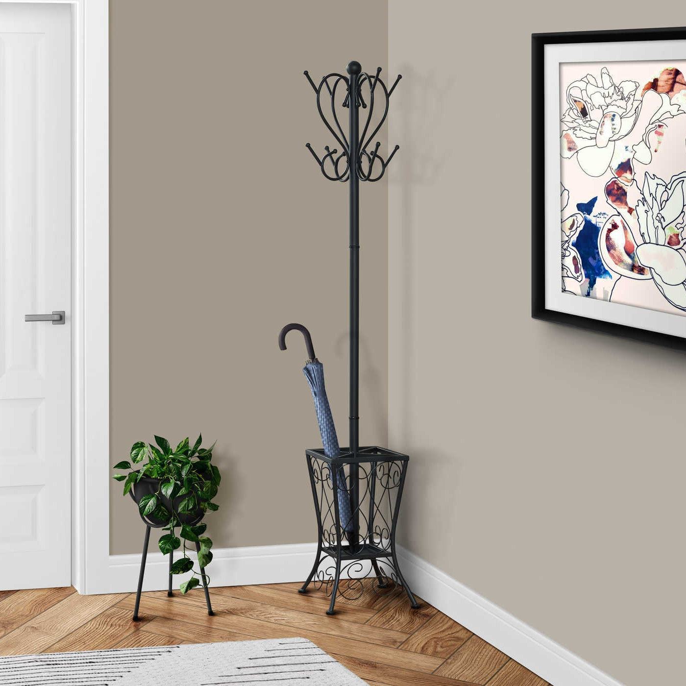 Porte-manteau sur pied I 2060 métal noir 71 po avec porte-parapluie et 8 crochets style parisien Montréal