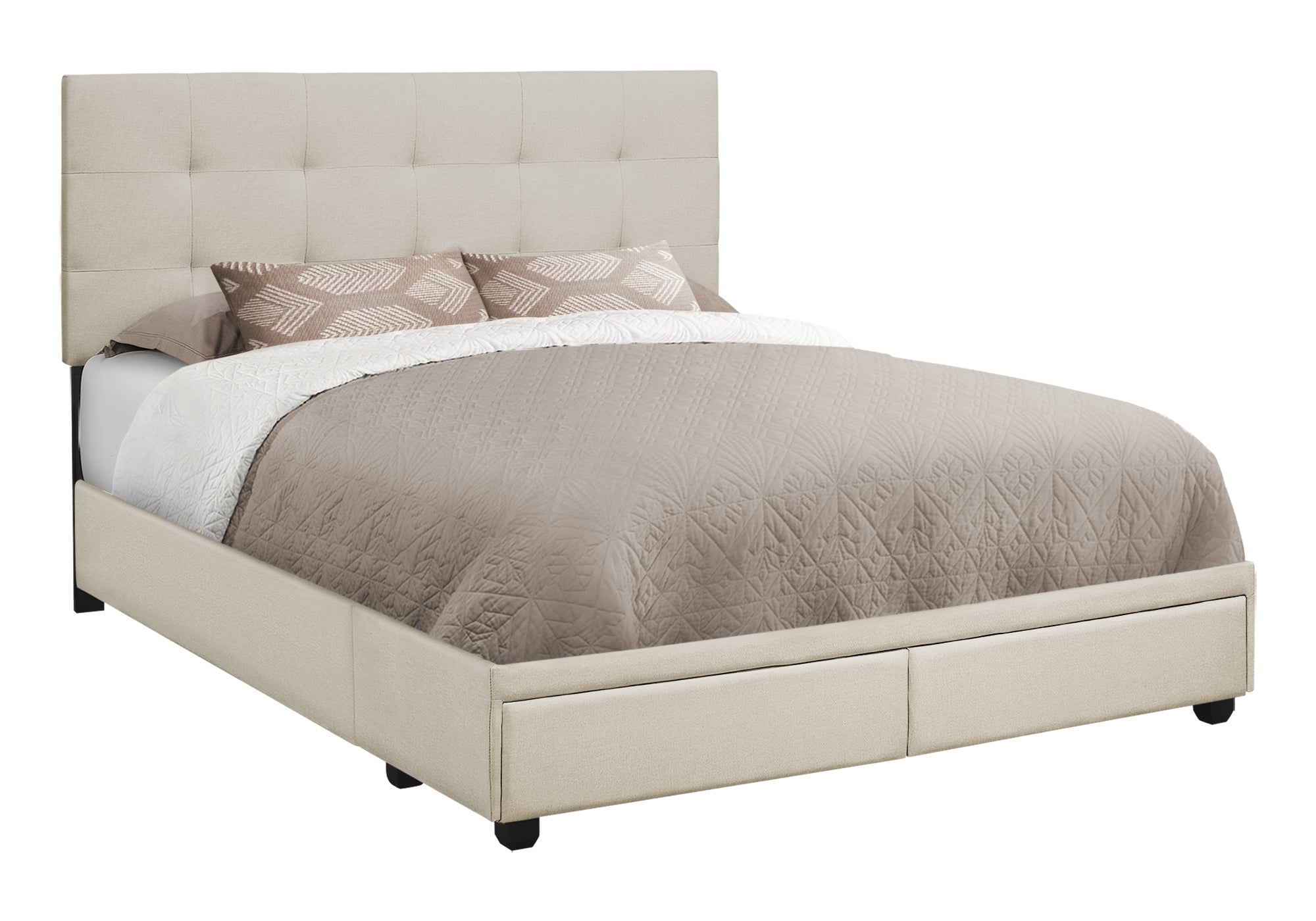 BED - QUEEN SIZE / BEIGE LINEN WITH 2 STORAGE DRAWERS # I 6021Q