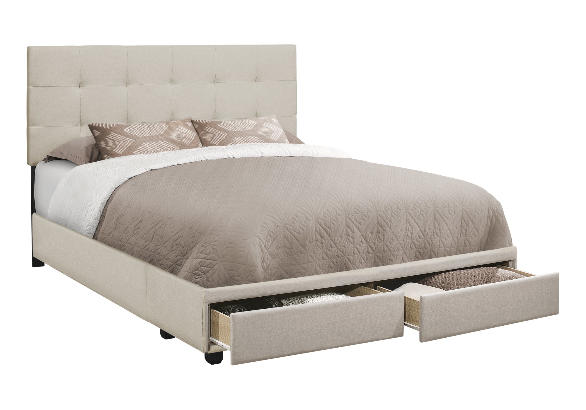 BED - QUEEN SIZE / BEIGE LINEN WITH 2 STORAGE DRAWERS # I 6021Q