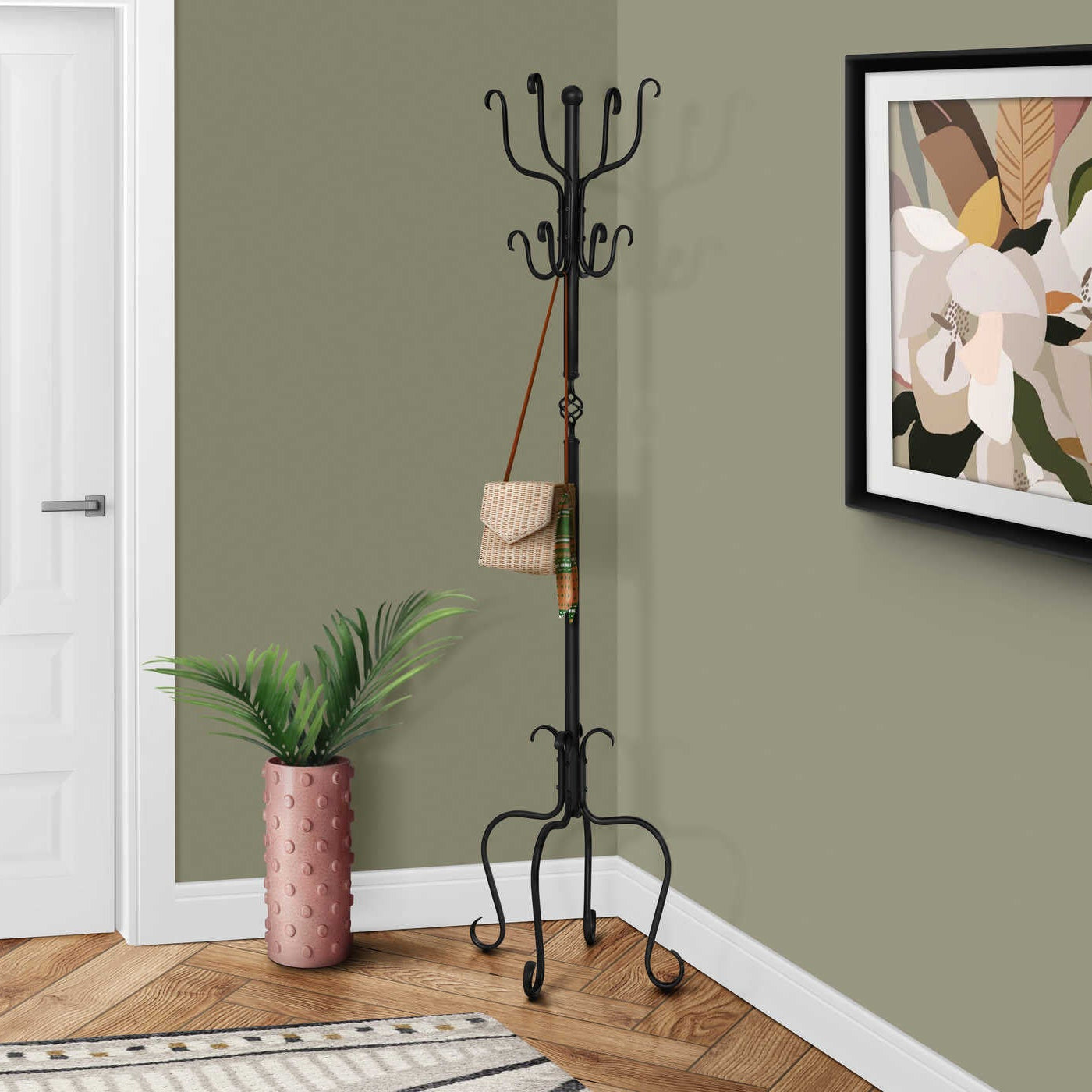 Porte-manteau sur pied I 2065, 74 po, métal noir martelé, 8 crochets, style traditionnel – Montréal