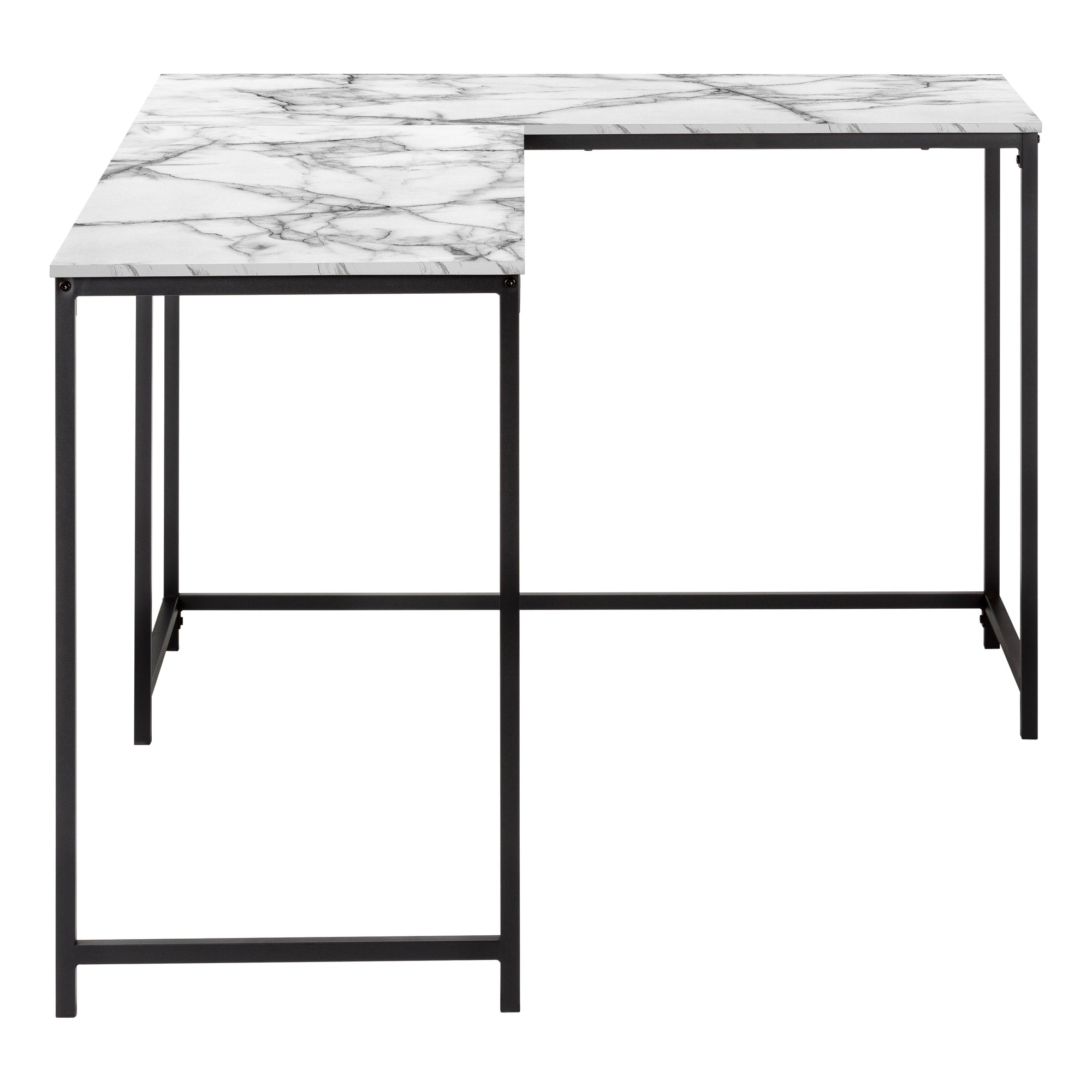 BUREAU D'ORDINATEUR - 58"L / MARBRE BLANC / COIN EN MÉTAL NOIR # I 7393