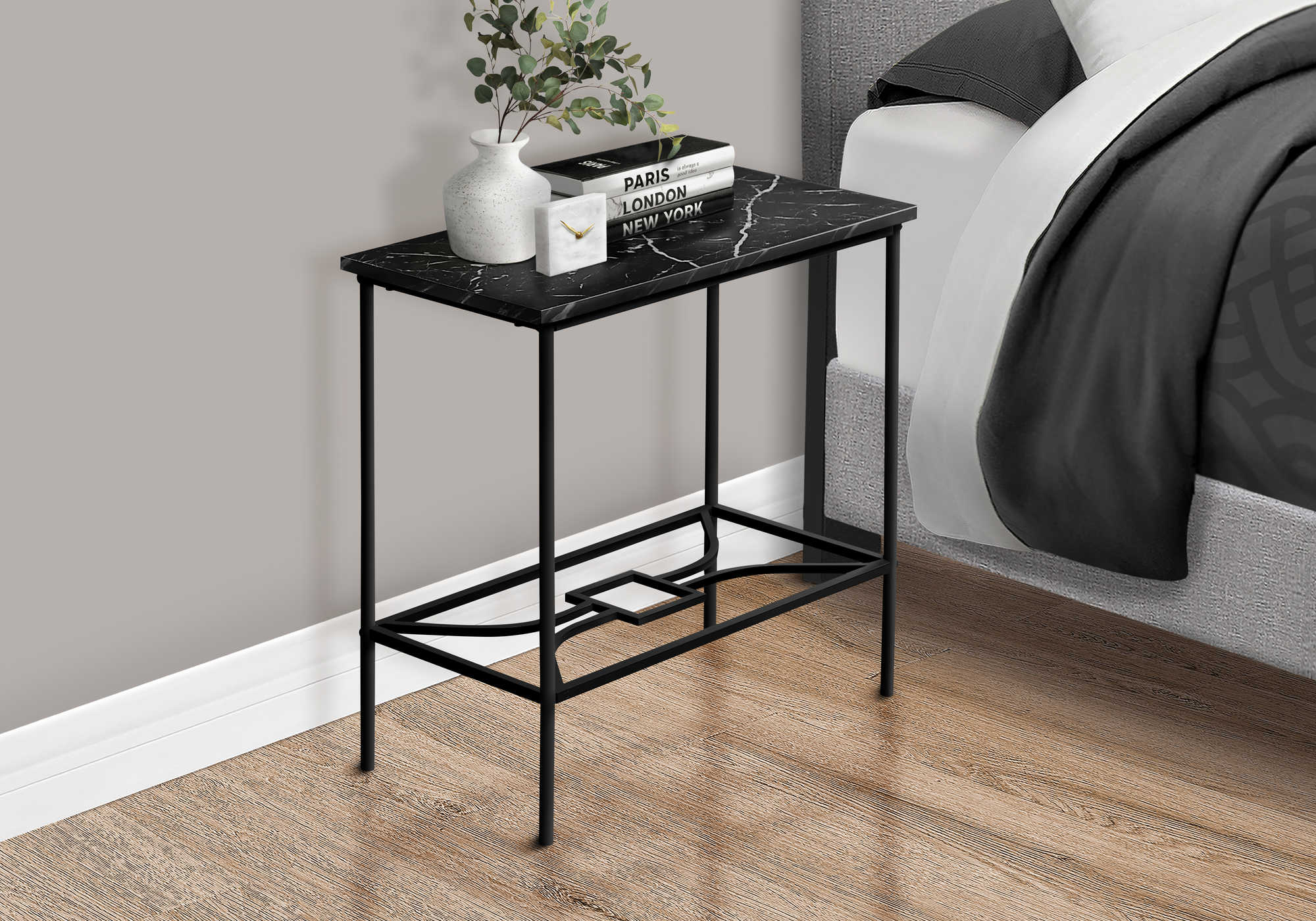 NIGHTSTAND - 22"H / BLACK MARBLE / BLACK METAL #I 2074