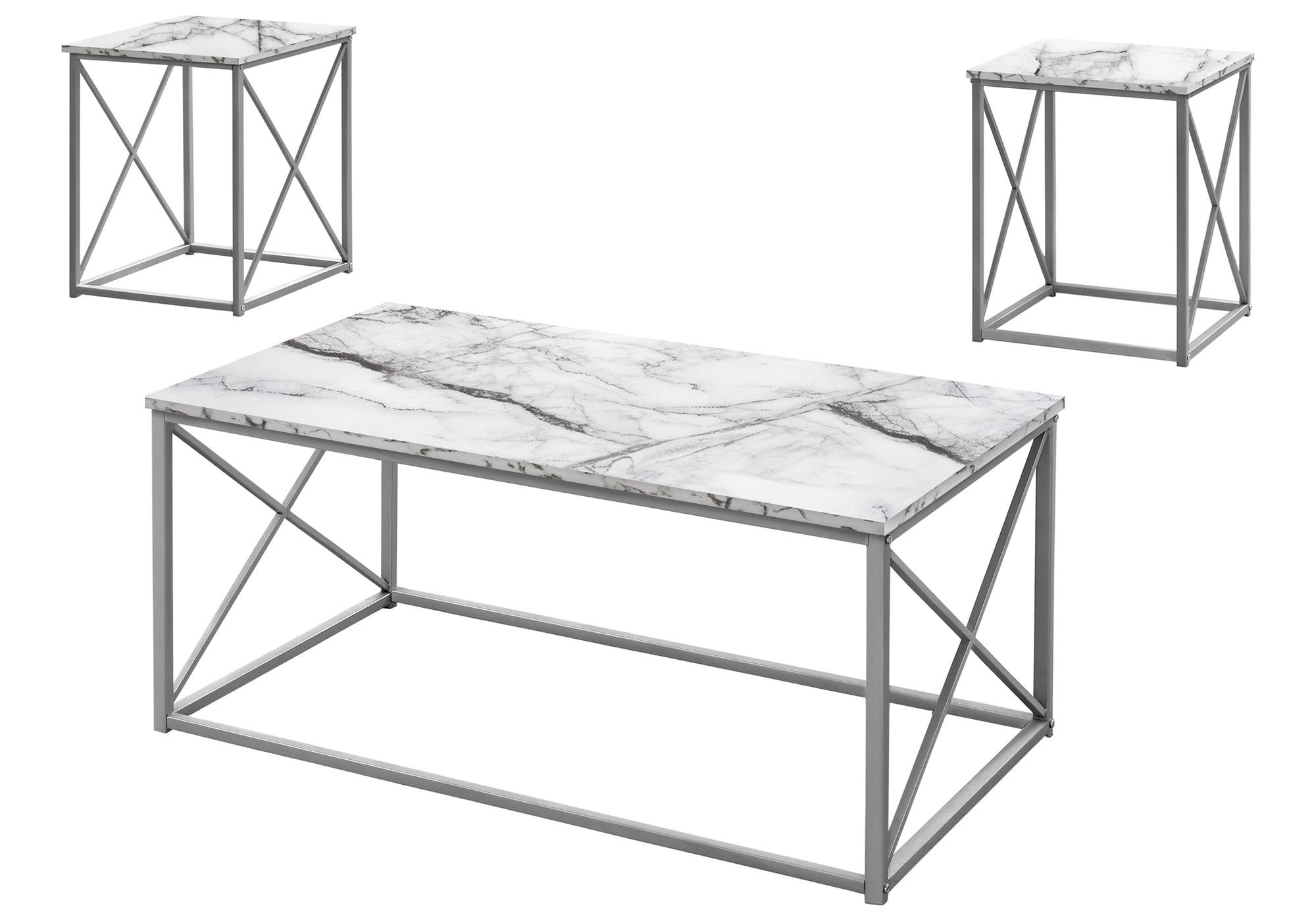 TABLE SET - 3PCS SET / WHITE MARBLE / SILVER METAL # I 7953P