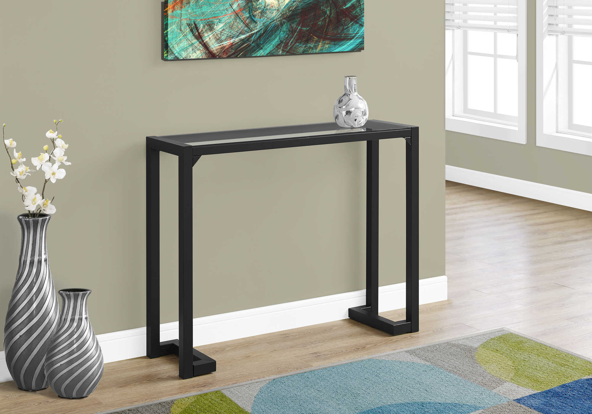 TABLE D'APPOINT - 42"L / NOIR / CONSOLE D'ENTRÉE EN VERRE TREMPÉ #I 2106