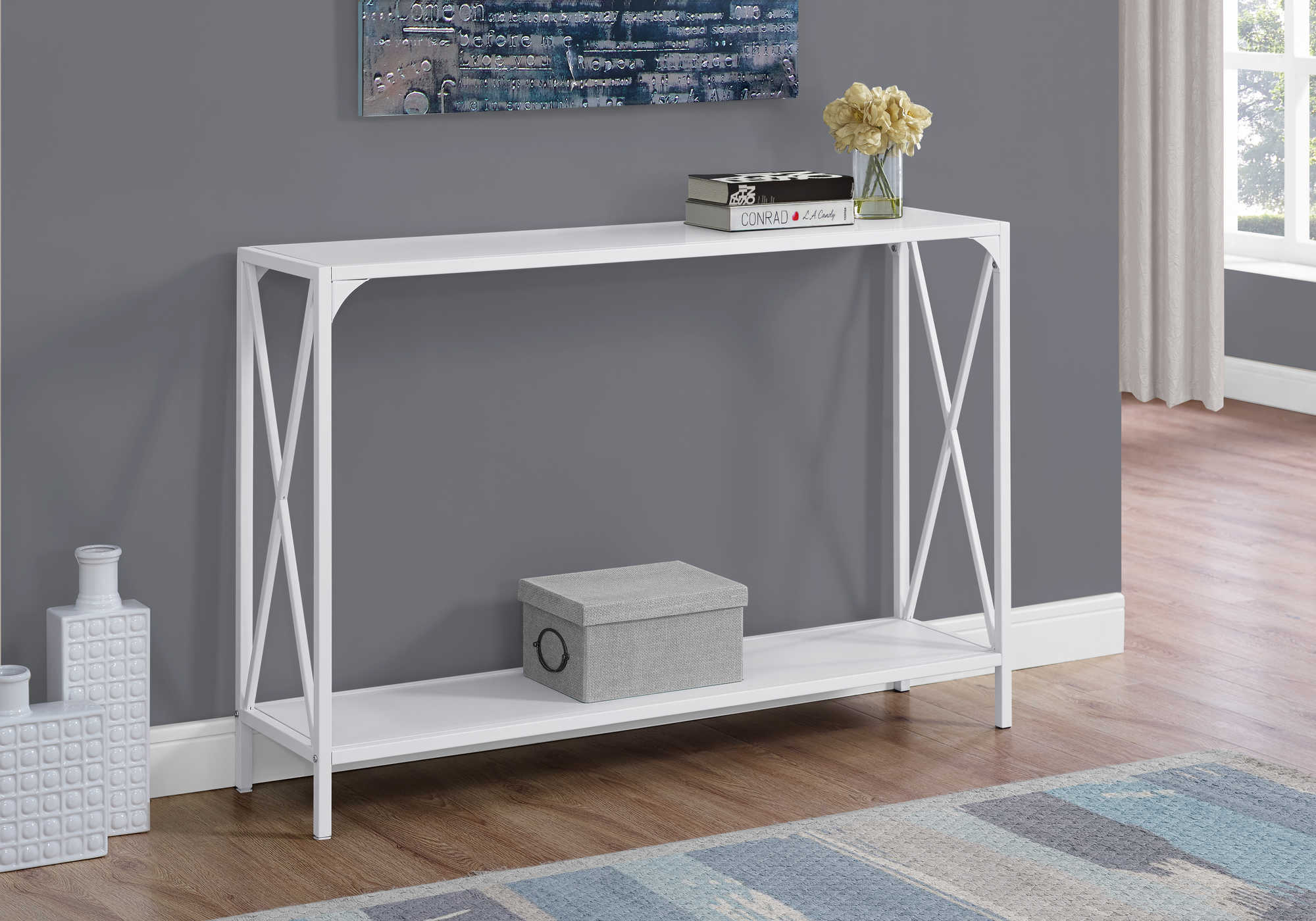 TABLE D'APPOINT - 48"L / BLANC / CONSOLE D'ENTRÉE EN MÉTAL BLANC #I 2124