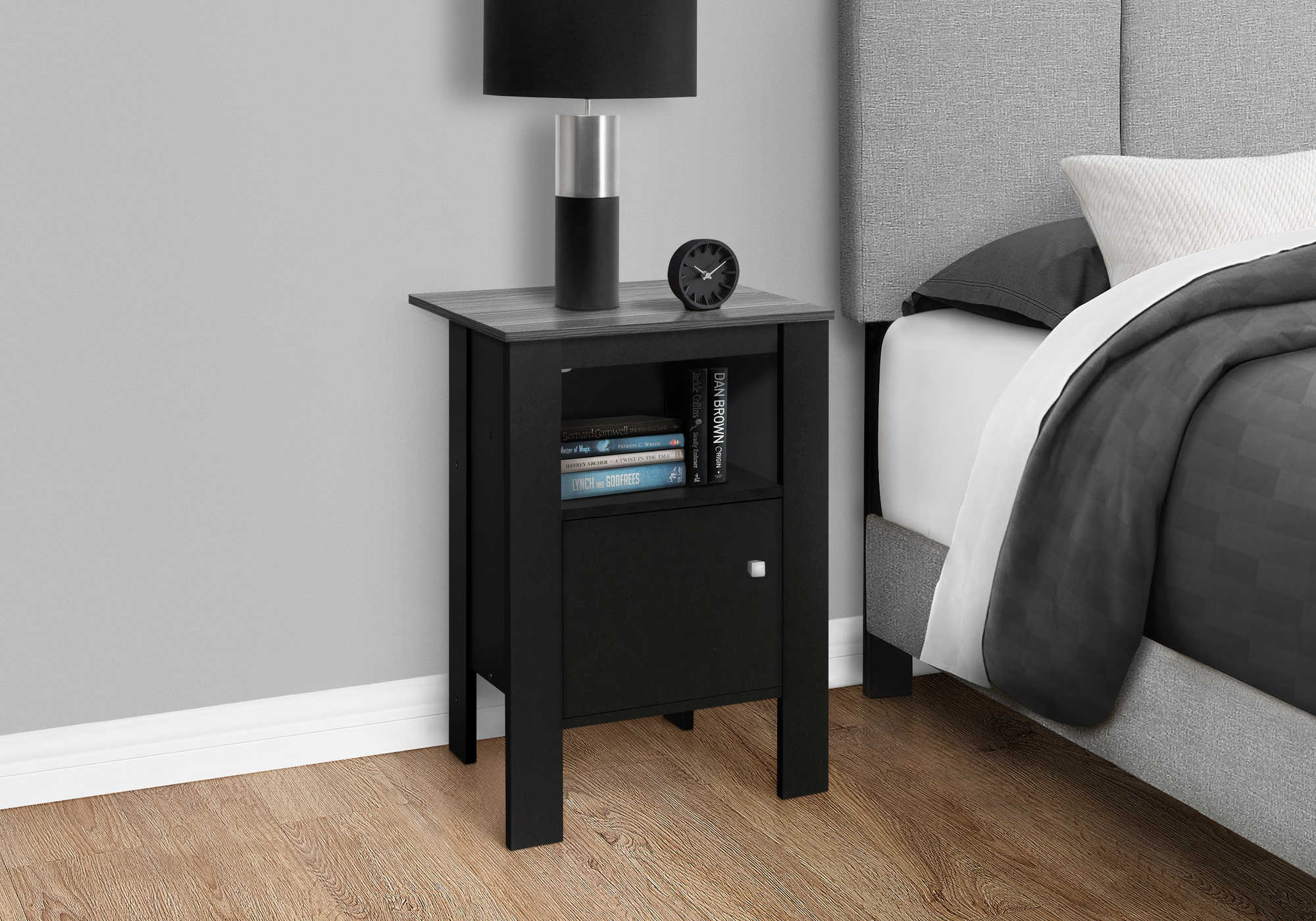 NIGHTSTAND - BLACK / GREY TOP NIGHT STAND WITH STORAGE #I 2134