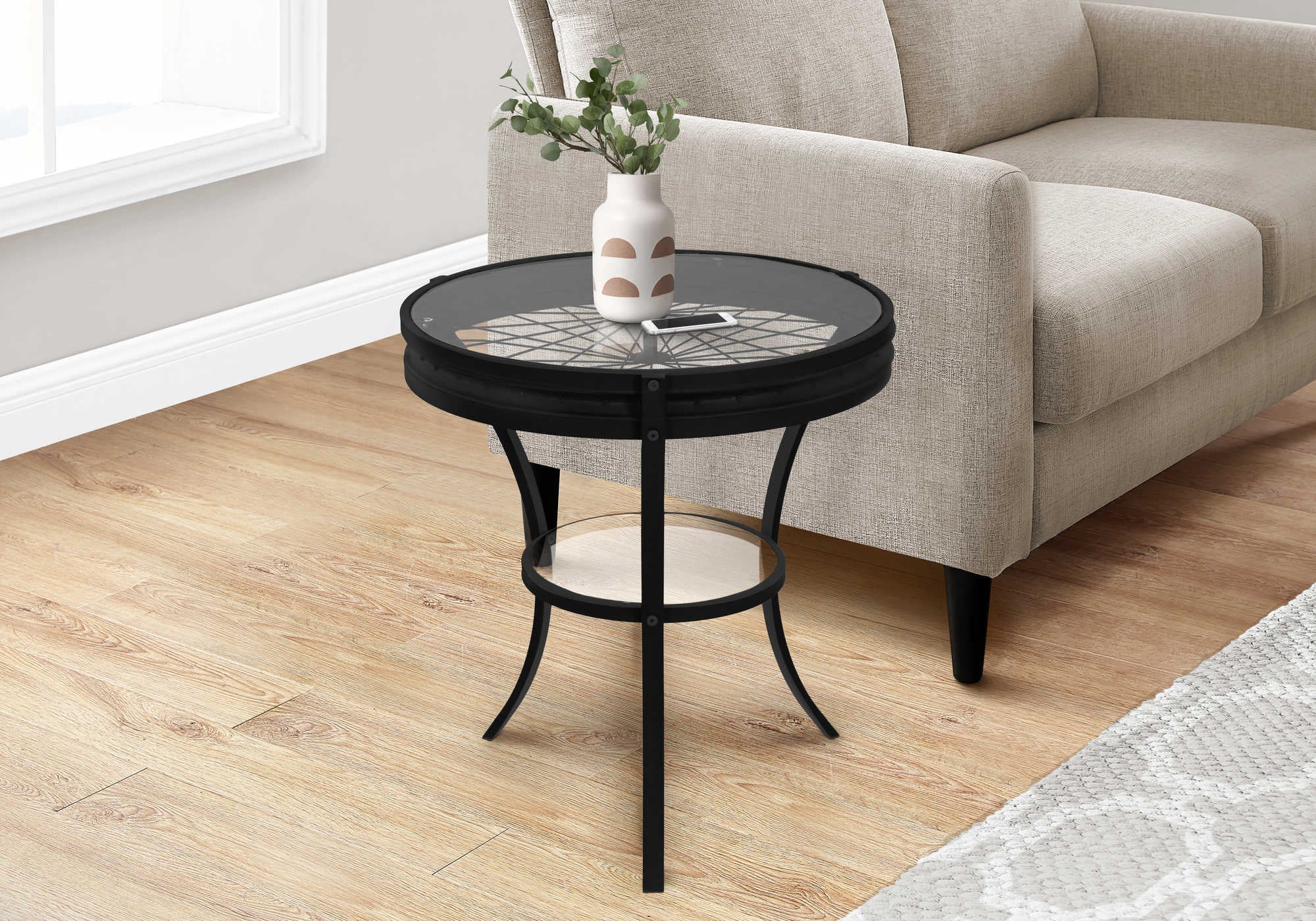 TABLE D'APPOINT - 22"DIA / NOIR AVEC VERRE TREMPÉ #I 2140