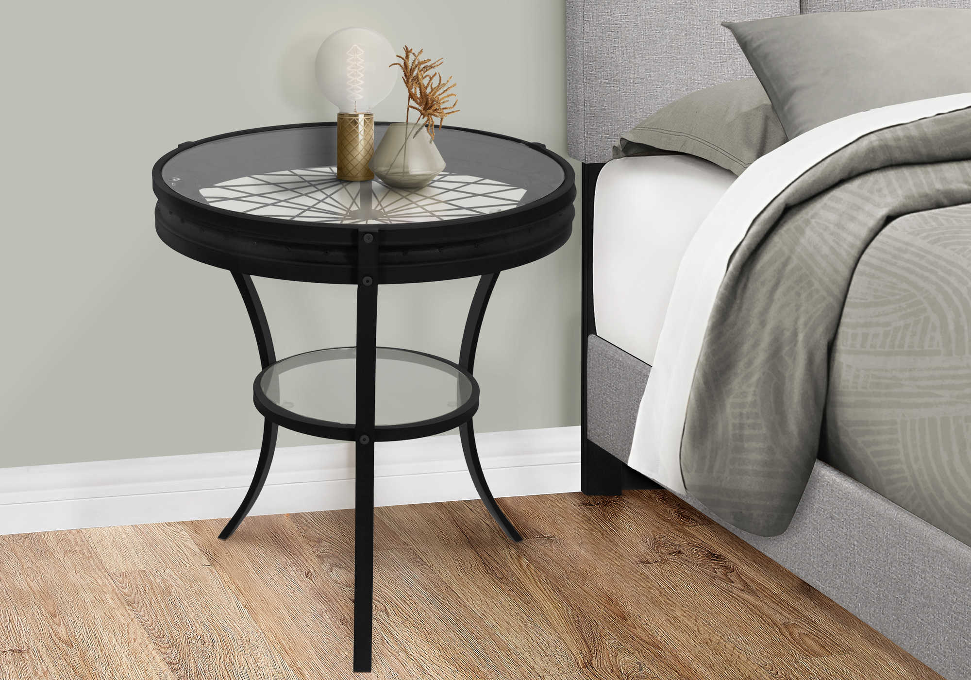 NIGHTSTAND - 22"DIA / BLACK WITH TEMPERED GLASS #I 2140