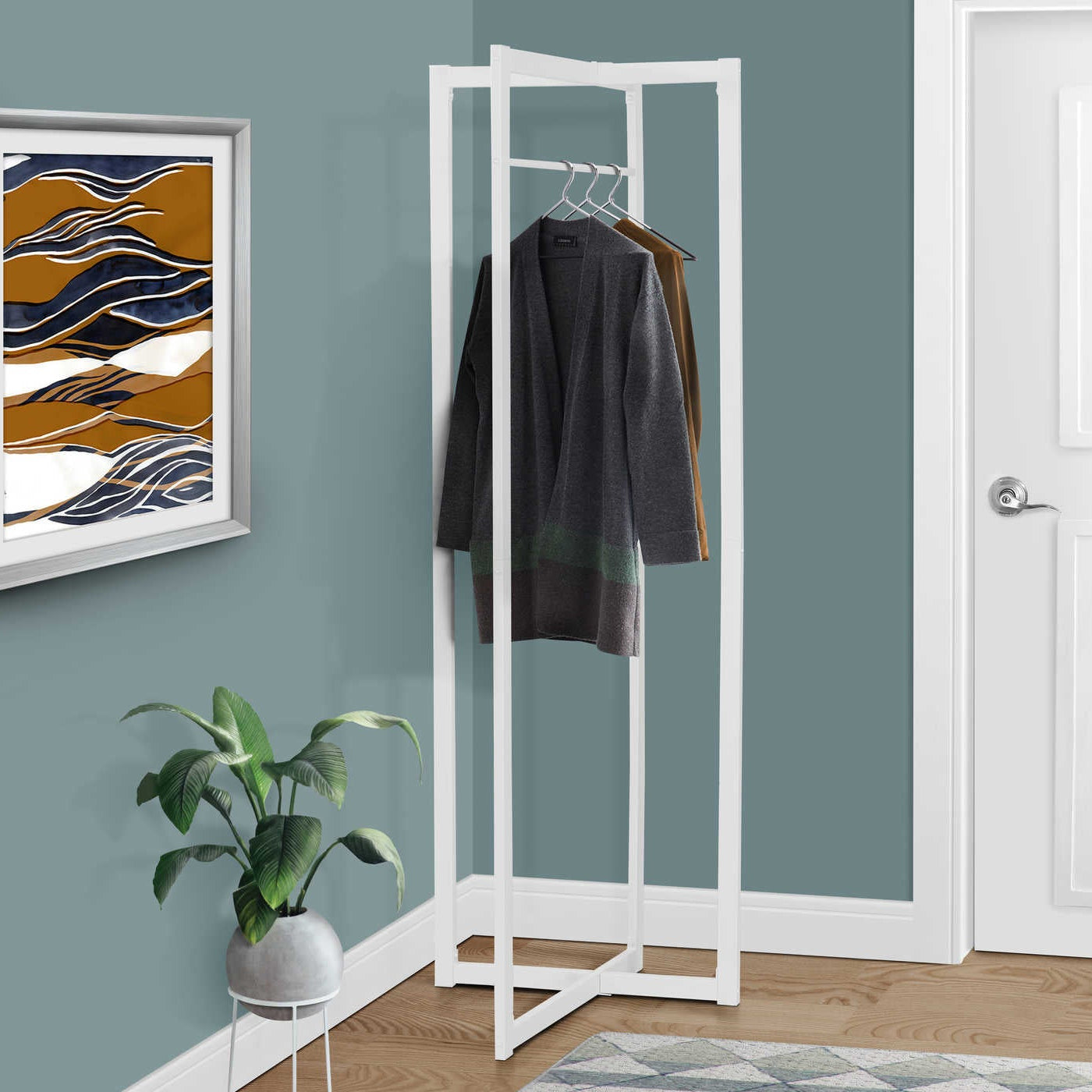 Porte-manteau sur pied blanc métal I 2151 72 po avec crochets multiples et barre supplémentaire – Montréal