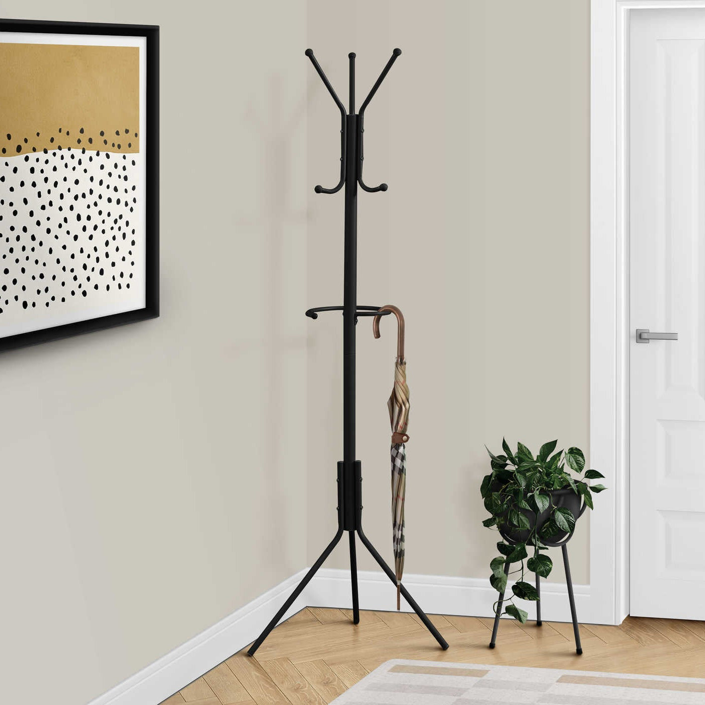 Porte-manteau sur pied I 2162 métal noir 68 po avec 6 crochets et porte-parapluie – Bonito Montréal
